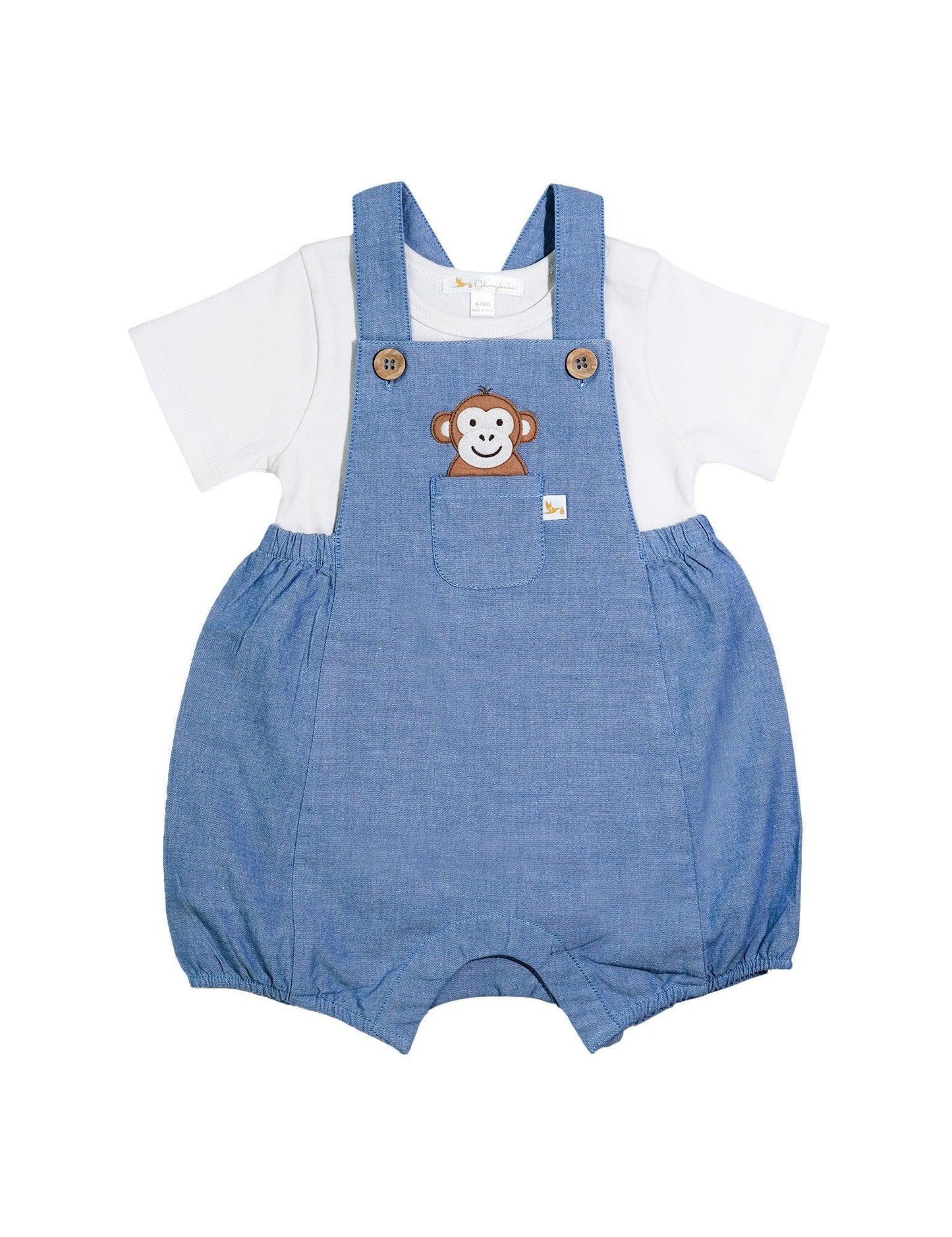 Baby romper with organic cotton white t-shirt and blue dungarees featuring a smiling monkey patch