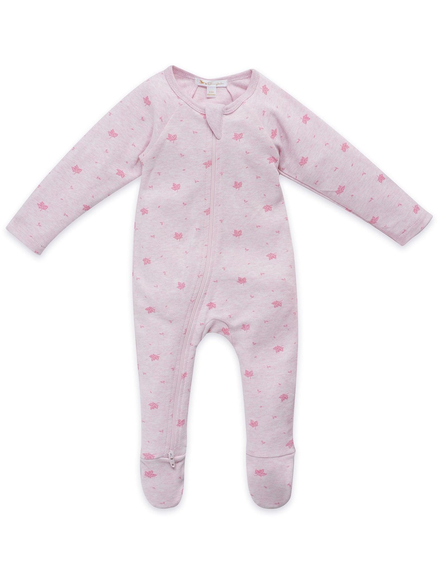 Pink organic cotton footed baby pajamas with long sleeves and leaf pattern