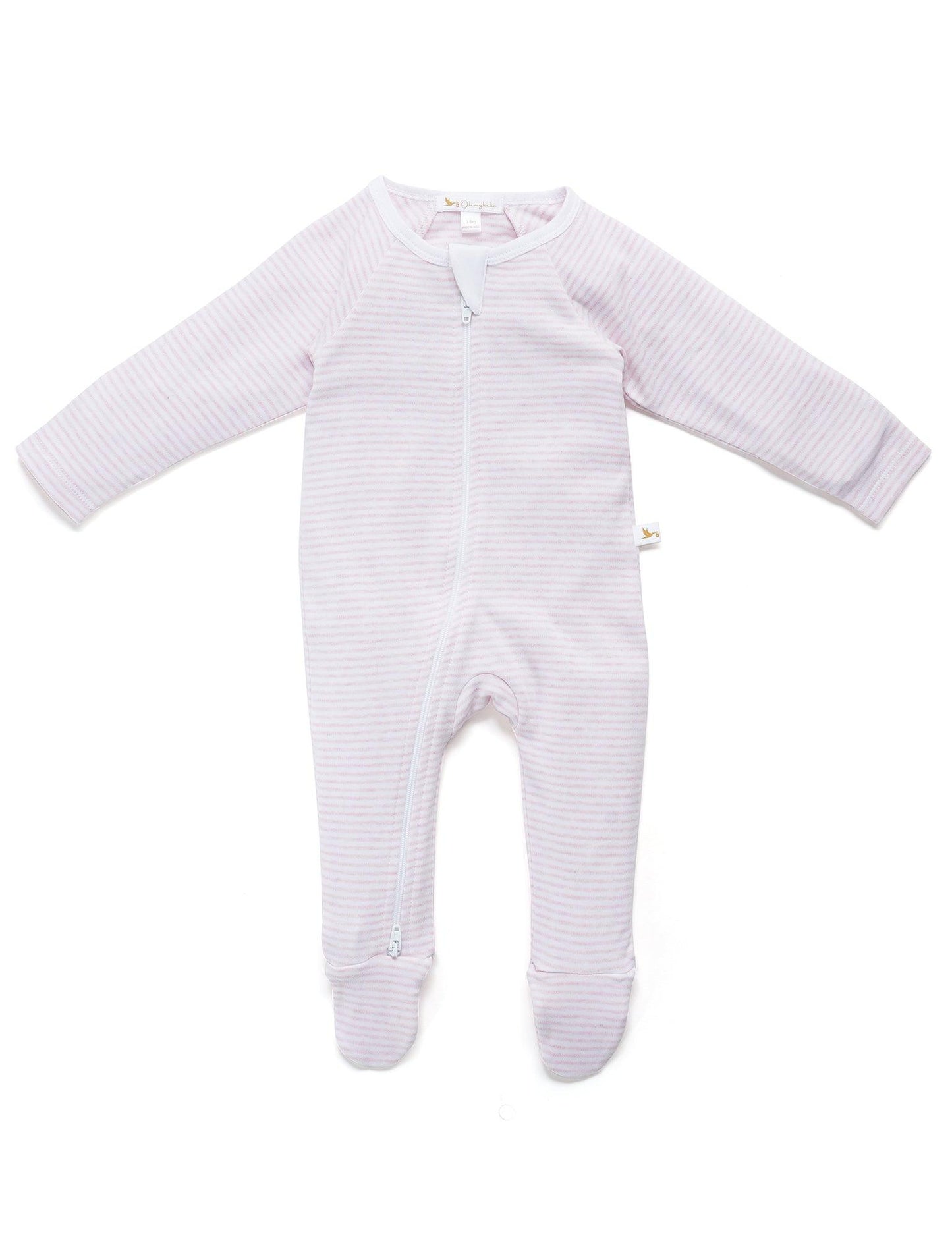 Organic cotton baby footed pajama with light pink stripes and front zipper