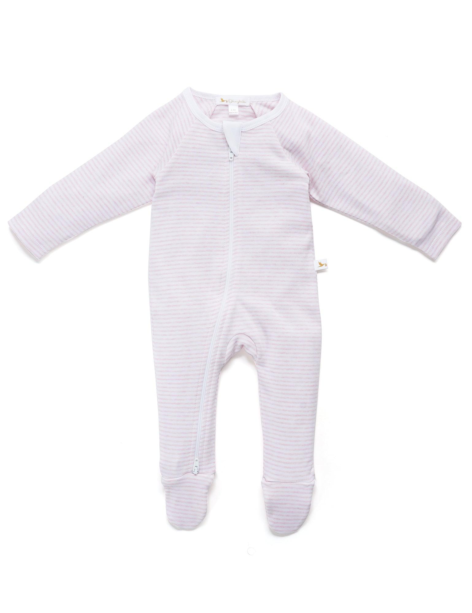 Organic cotton baby footed pajama with light pink stripes and front zipper