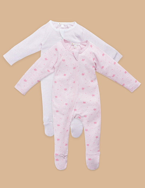 Organic Zip Baby Romper Set – Pink Leaf & Stripes (2-Pack)