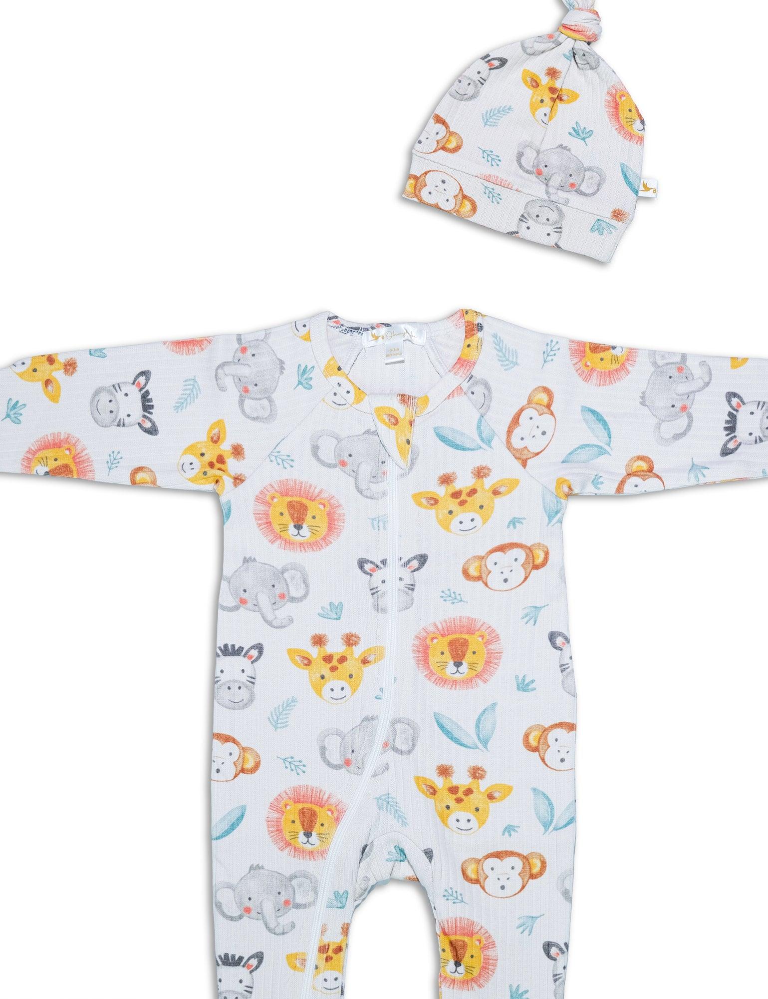 Organic cotton baby footie and hat set with colorful safari animal print including lion, giraffe, elephant, monkey, and zebra