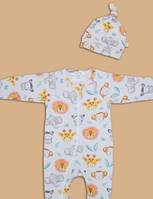 Organic Cotton Zip Romper & Knot Hat Set – Animal Print
