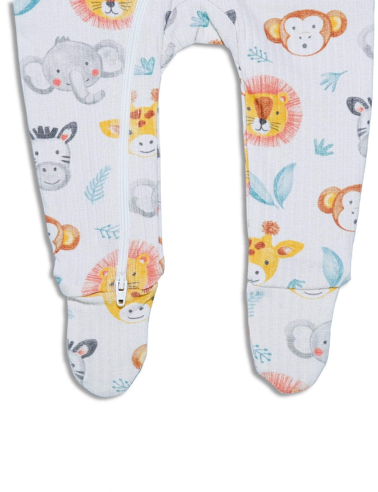 Organic cotton baby footie with safari animal prints including lions, giraffes, monkeys, elephants, and zebras