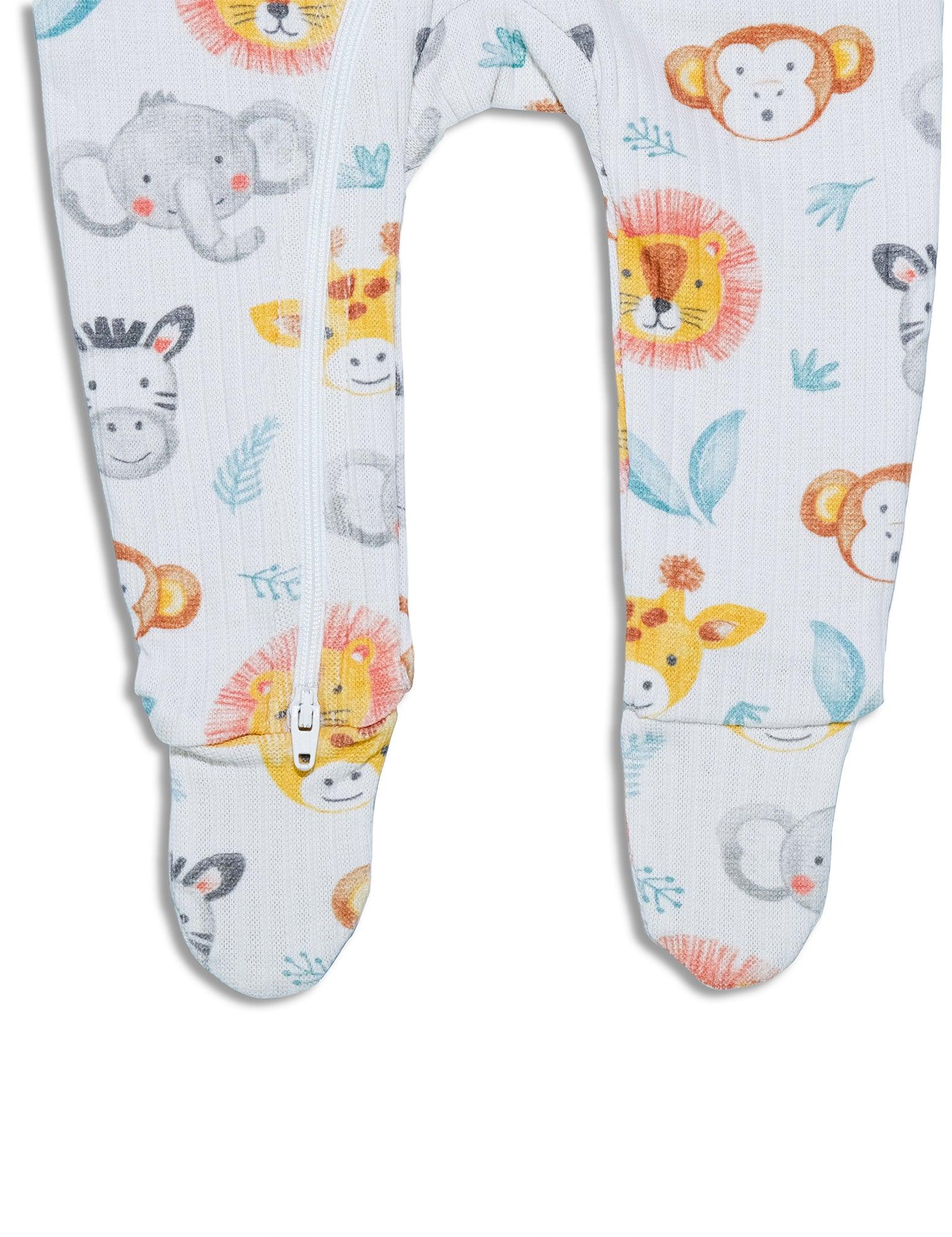 Organic cotton baby footie with safari animal prints including lions, giraffes, monkeys, elephants, and zebras