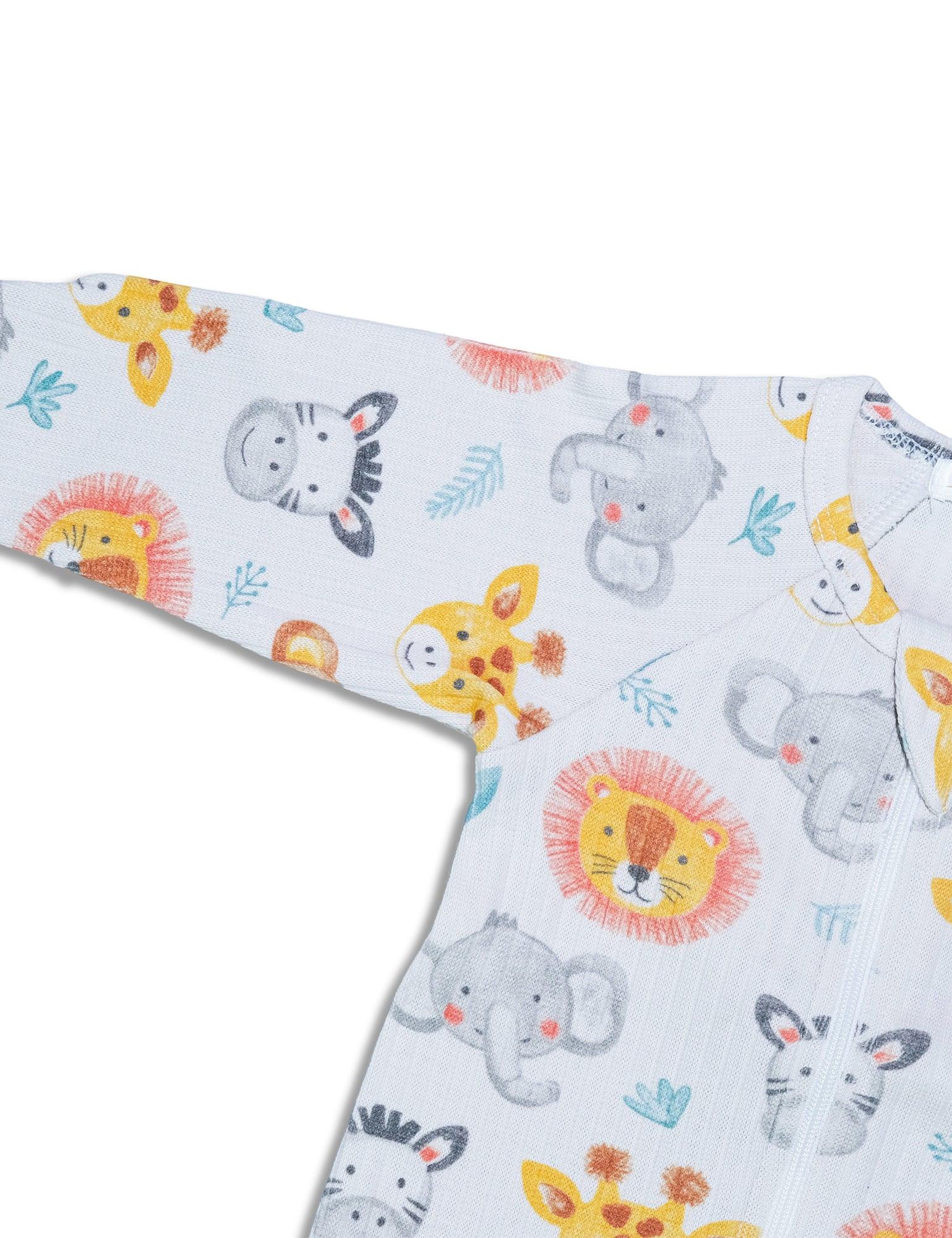 Organic cotton baby footie with colorful safari animal prints including lion, elephant, giraffe, and zebra on white fabric