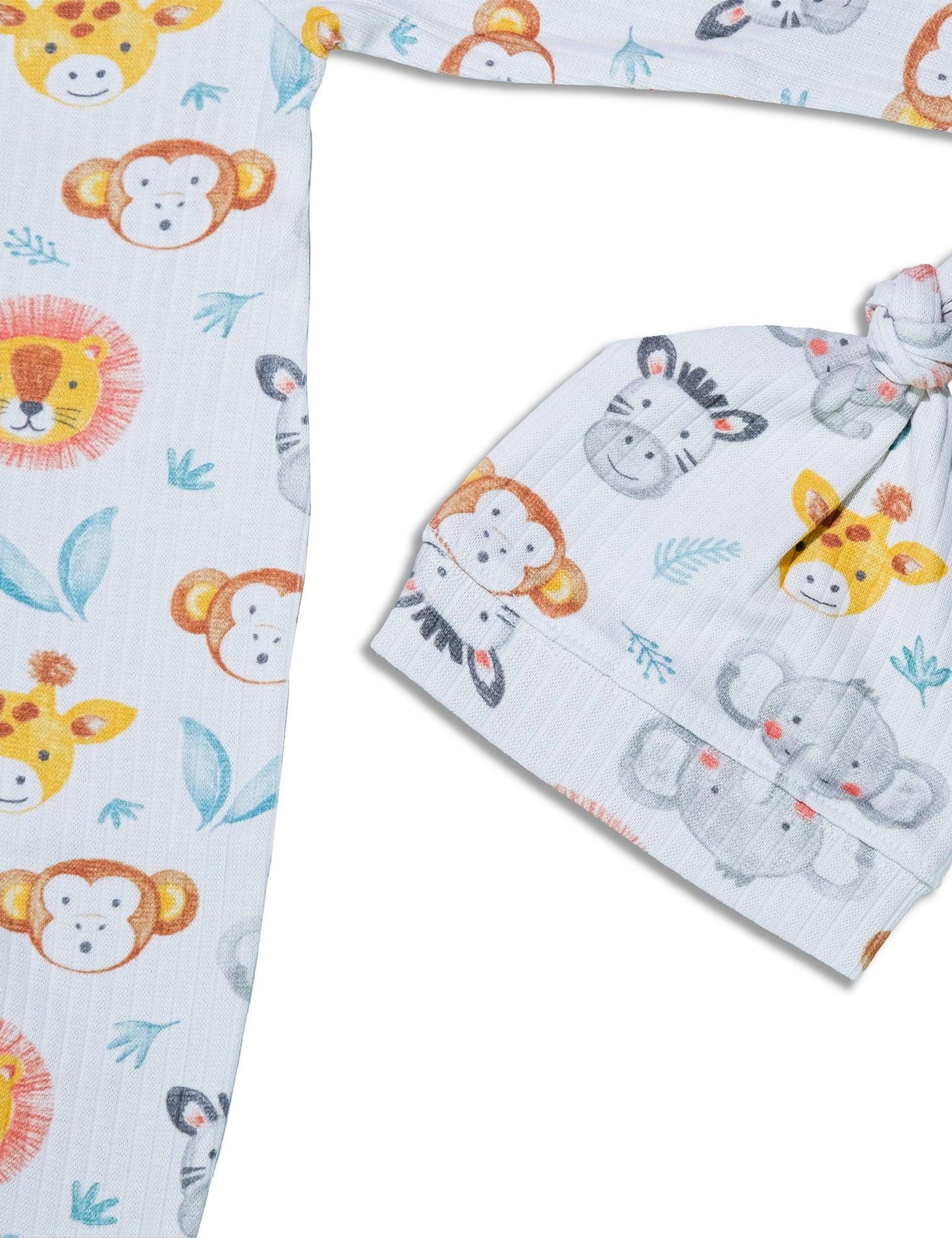 Organic cotton baby hat and footie with colorful safari animal prints including giraffe, lion, monkey, zebra, and elephant