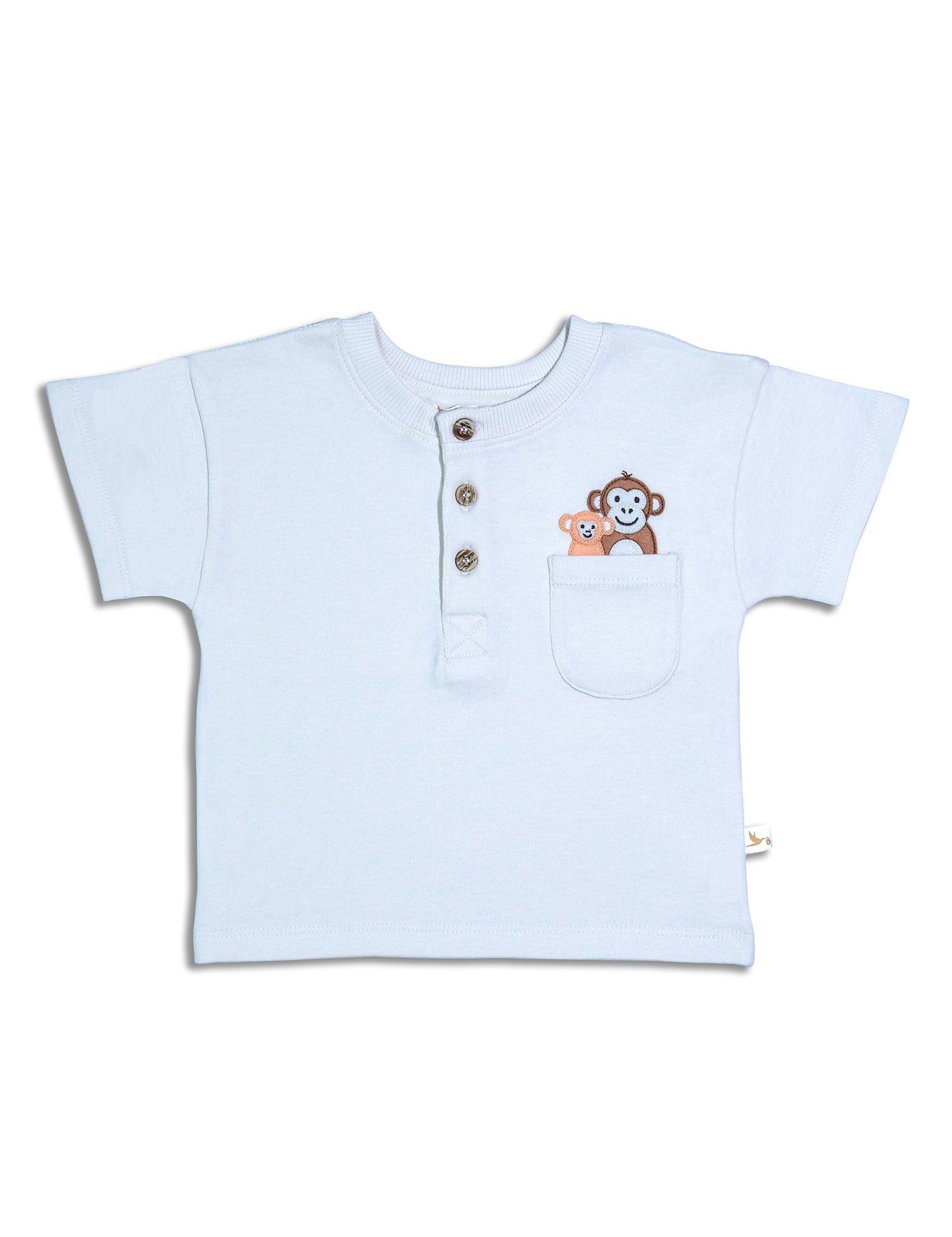White organic cotton baby Henley shirt with short sleeves and monkey embroidered on front pocket