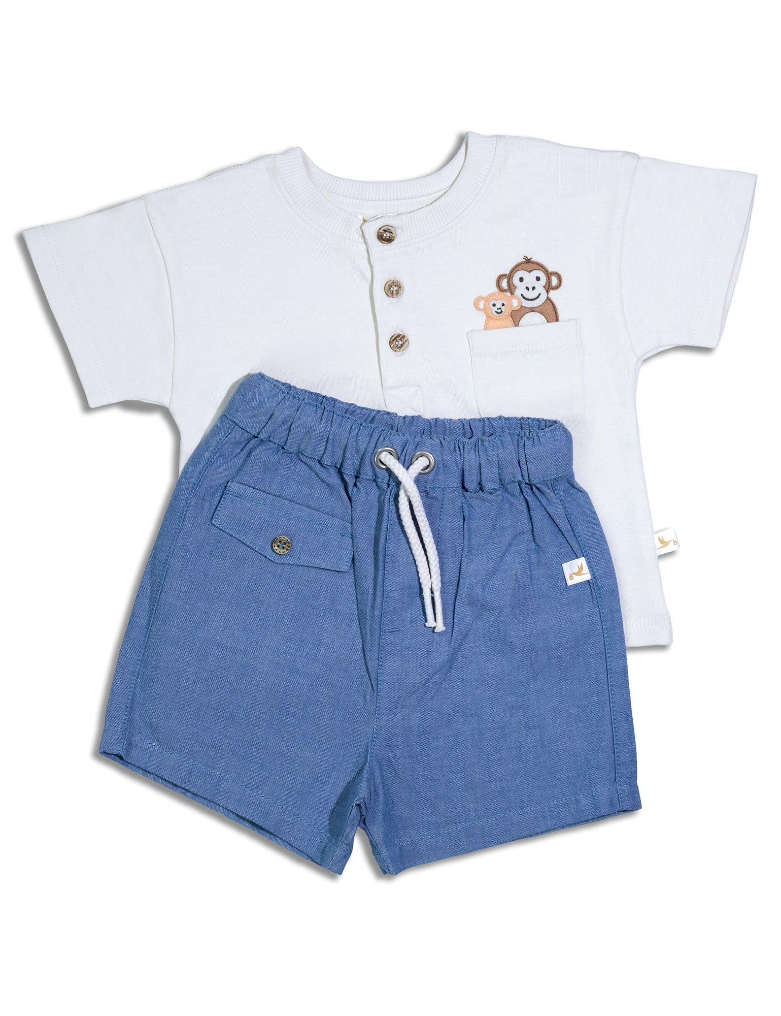 Organic cotton baby Henley shirt with monkey print and blue shorts with drawstring