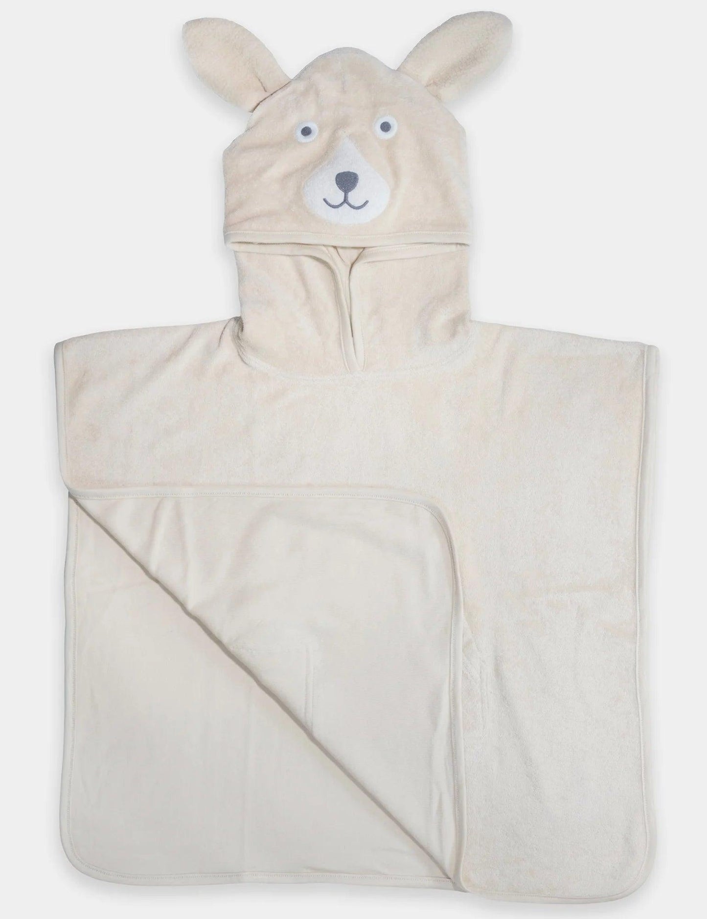 Organic cotton hooded baby towel with beige bear face and ears, soft and absorbent
