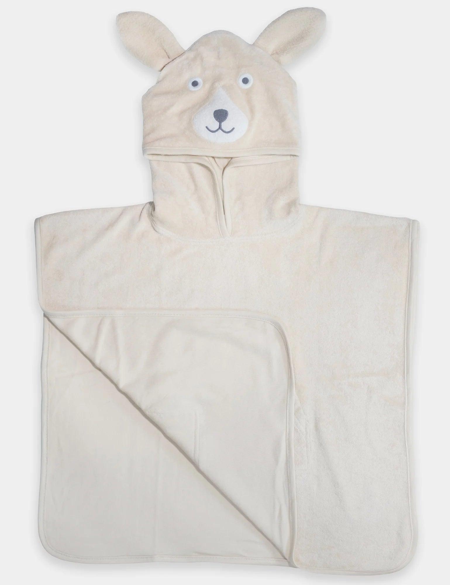 Organic cotton hooded baby towel with beige bear face and ears, soft and absorbent