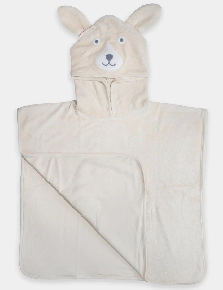 Soft and absorbent off-white organic cotton baby towel with a cozy hood featuring cute bear ears and a charming embroidered bear face. Shop organic baby care India.