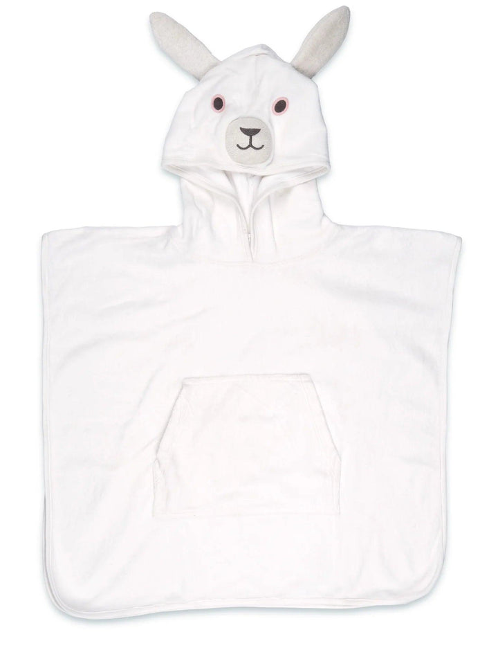 Soft and absorbent white organic cotton baby towel with a cozy hood featuring cute bunny ears and an embroidered bunny face. Shop organic baby care India.