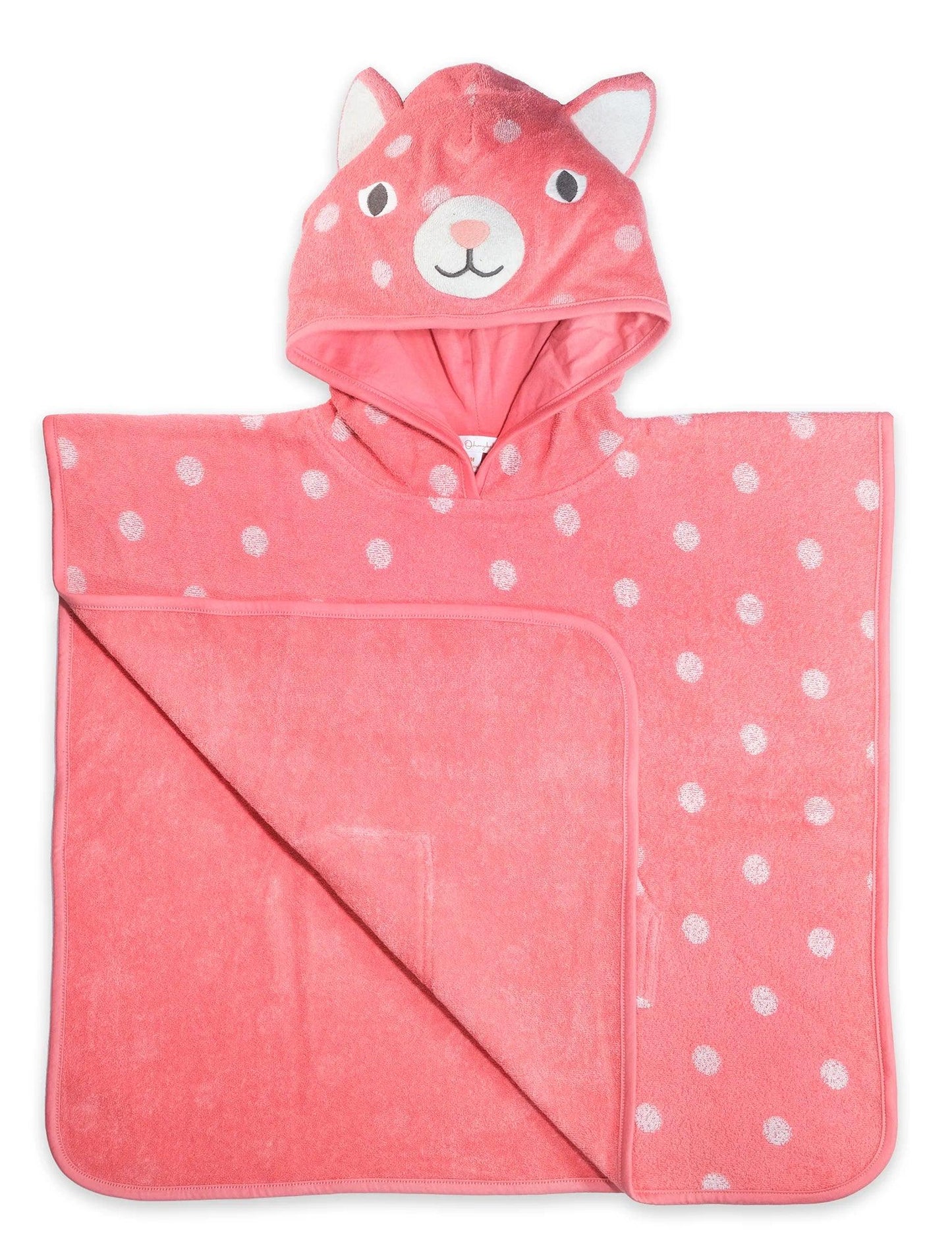 Pink hooded baby towel with white polka dots and cat face design made of organic cotton