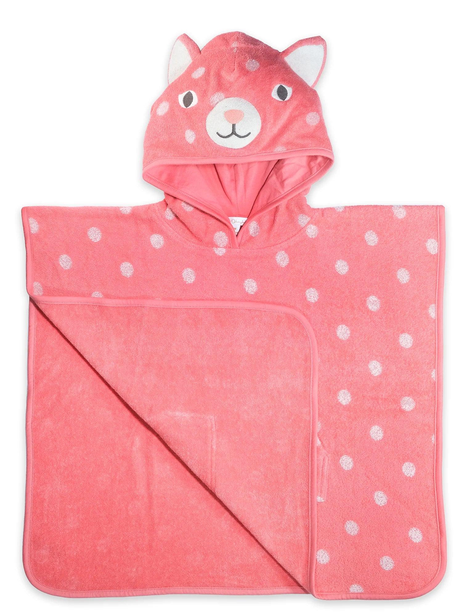 Pink hooded baby towel with white polka dots and cat face design made of organic cotton