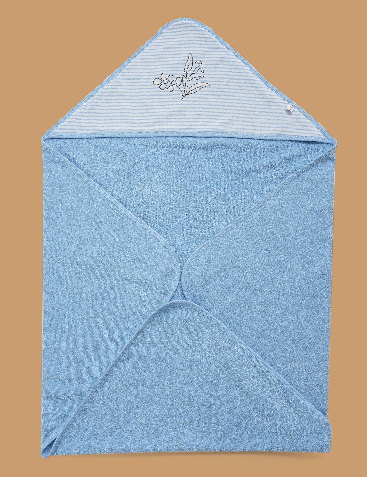 Light blue hooded baby towel with striped hood and embroidered eucalyptus design