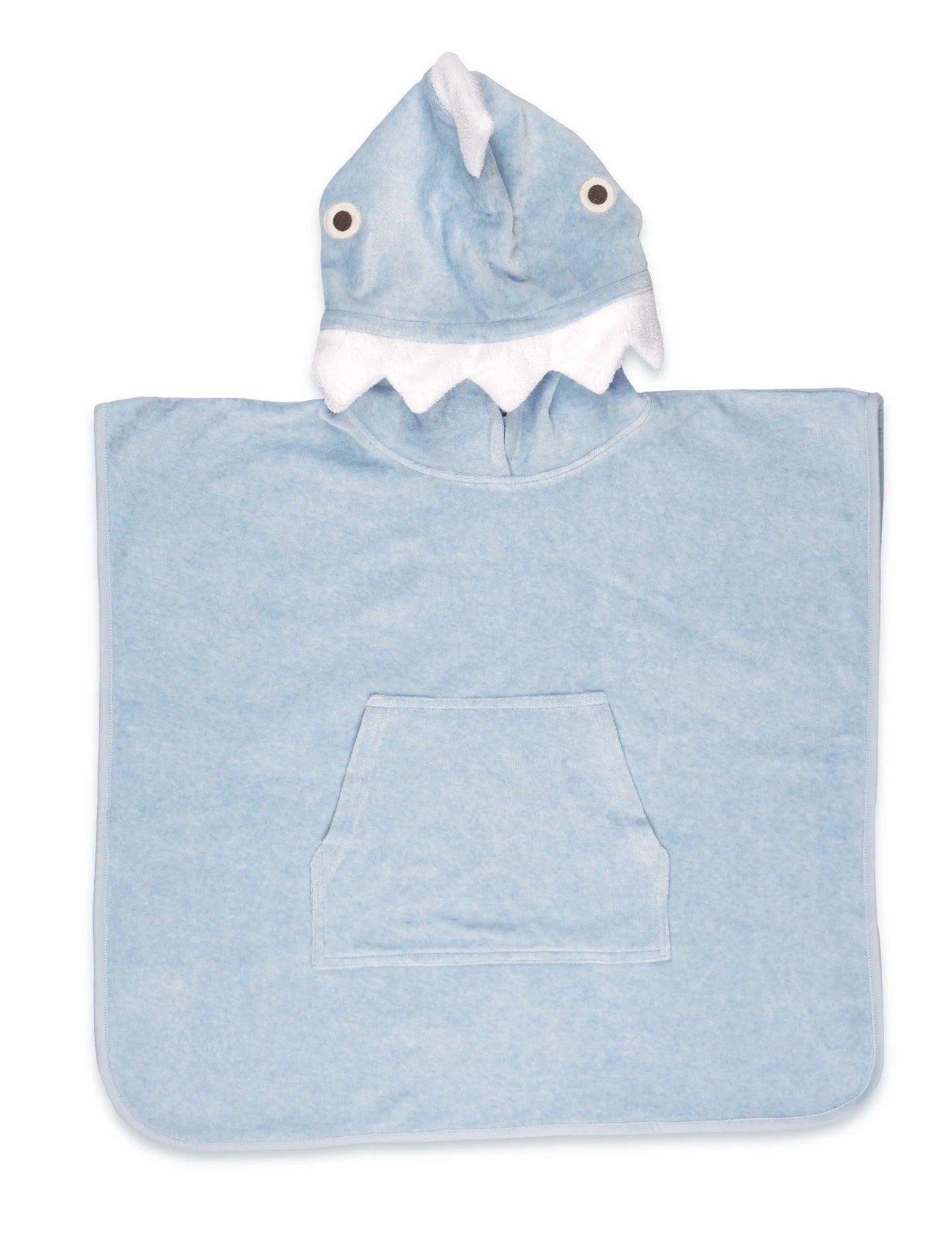 Light blue hooded baby towel with shark design, featuring eyes and white teeth trim