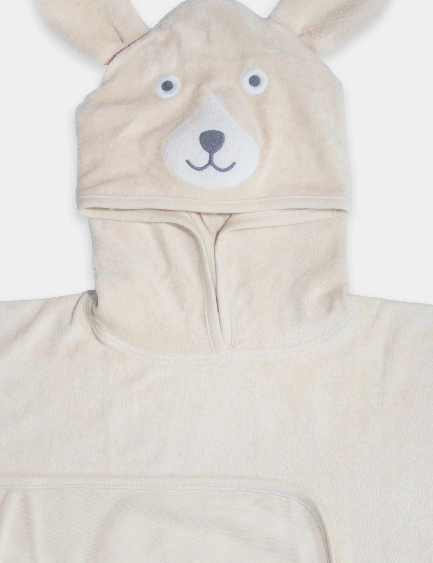 Beige organic cotton hooded towel with bear face and ears for toddlers