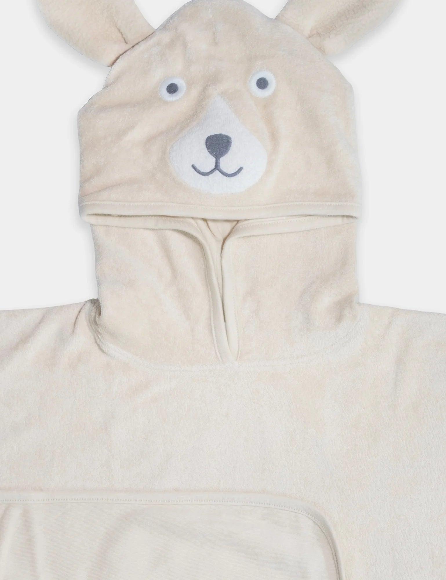 Beige organic cotton hooded towel with bear face and ears for toddlers