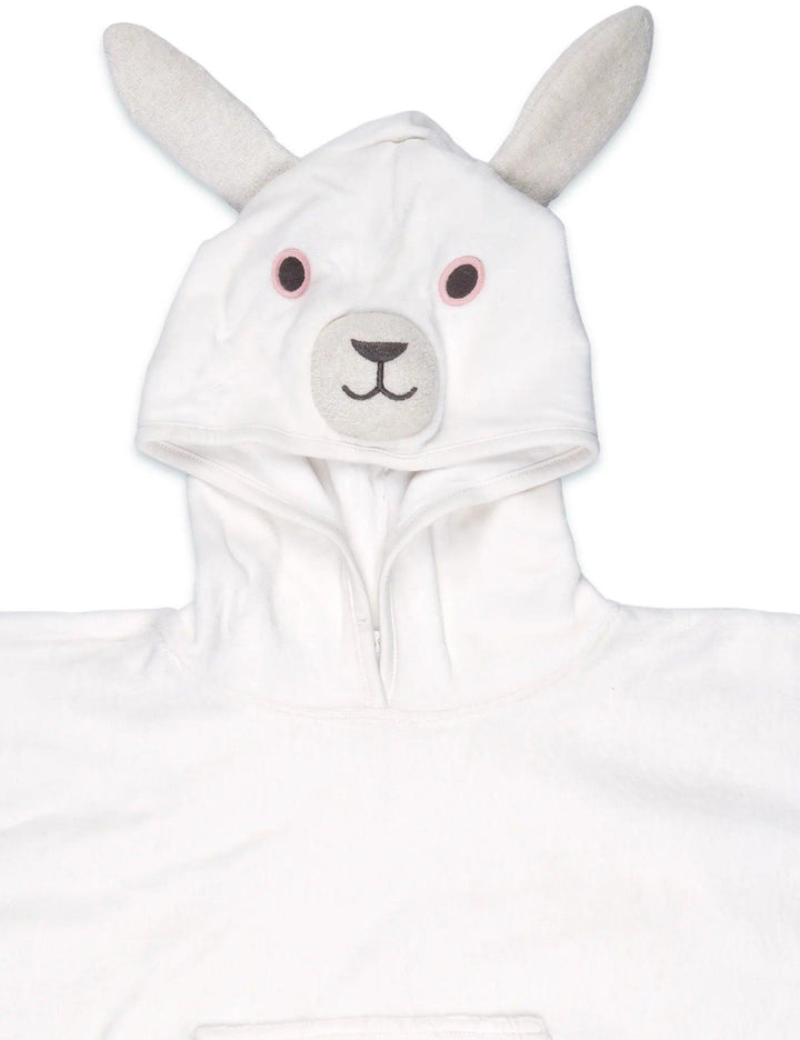 Close-up of the hood of the white organic cotton baby towel featuring the sweet embroidered bunny face and soft bunny ears. Buy adorable baby towels India.