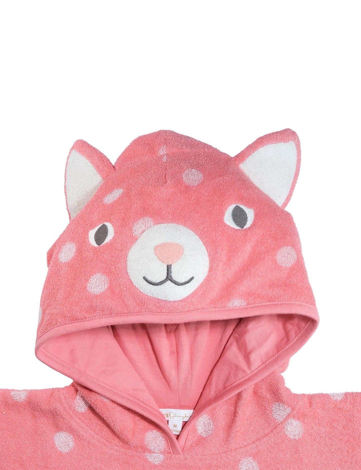 Pink organic cotton hooded towel with cute cat face and ears for kids
