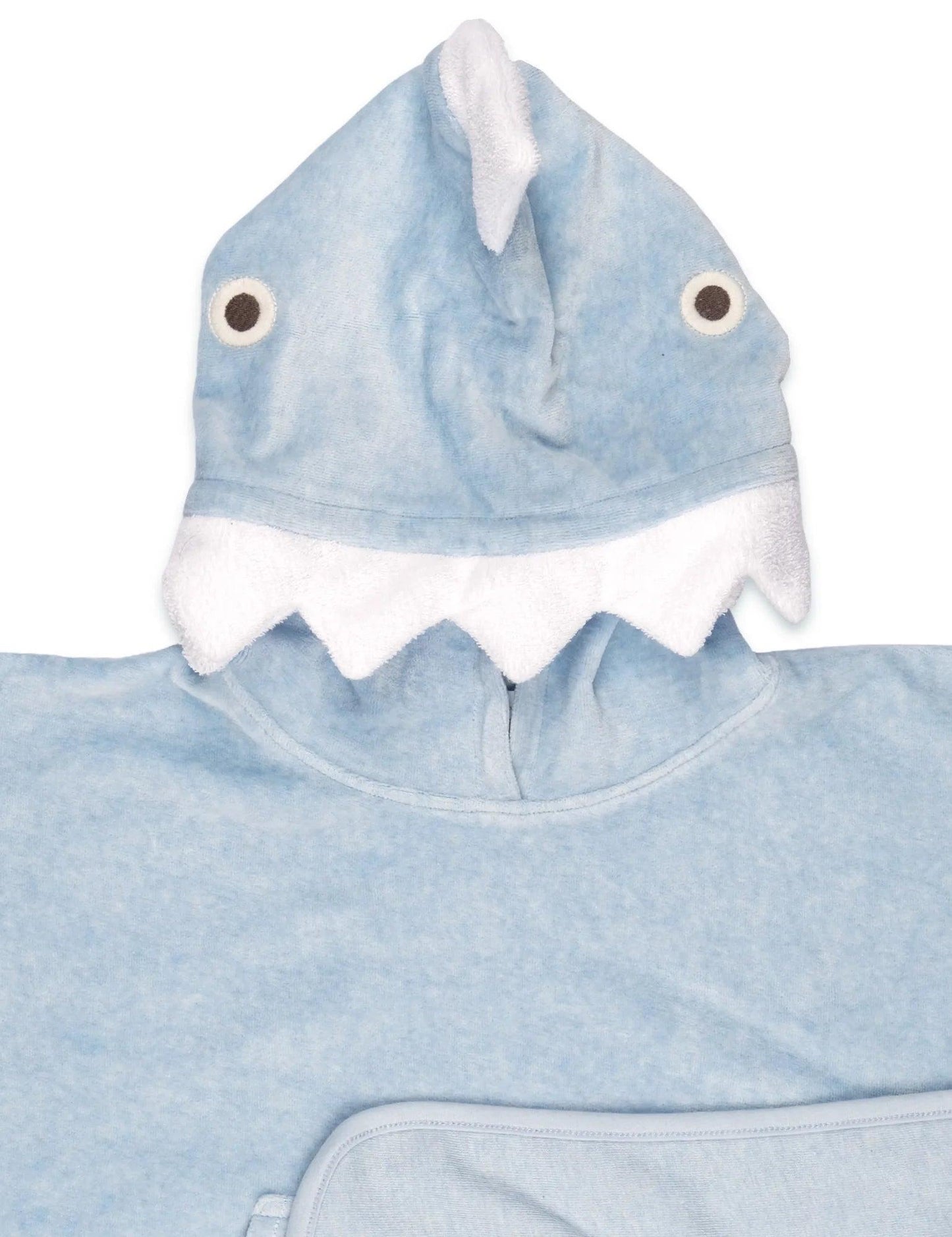 Light blue organic cotton hooded towel with shark fin, eyes, and white teeth detail