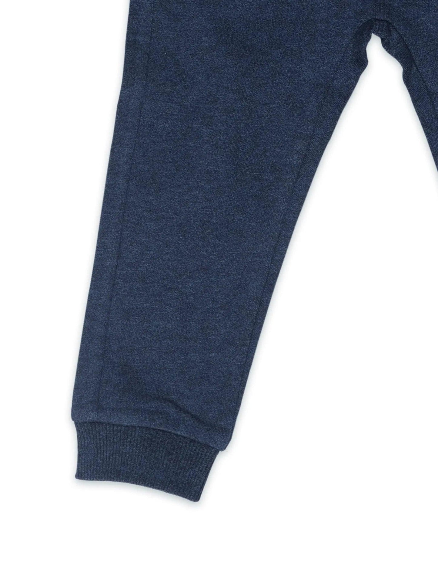 Navy blue organic cotton jogger pant leg with ribbed cuff on white background
