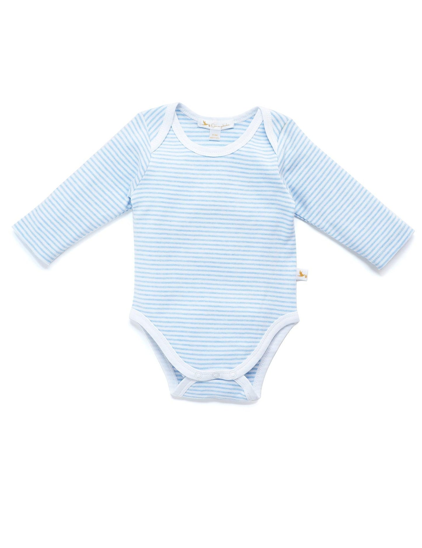 Organic cotton baby onesie with light blue and white stripes, long sleeves, and snap closure
