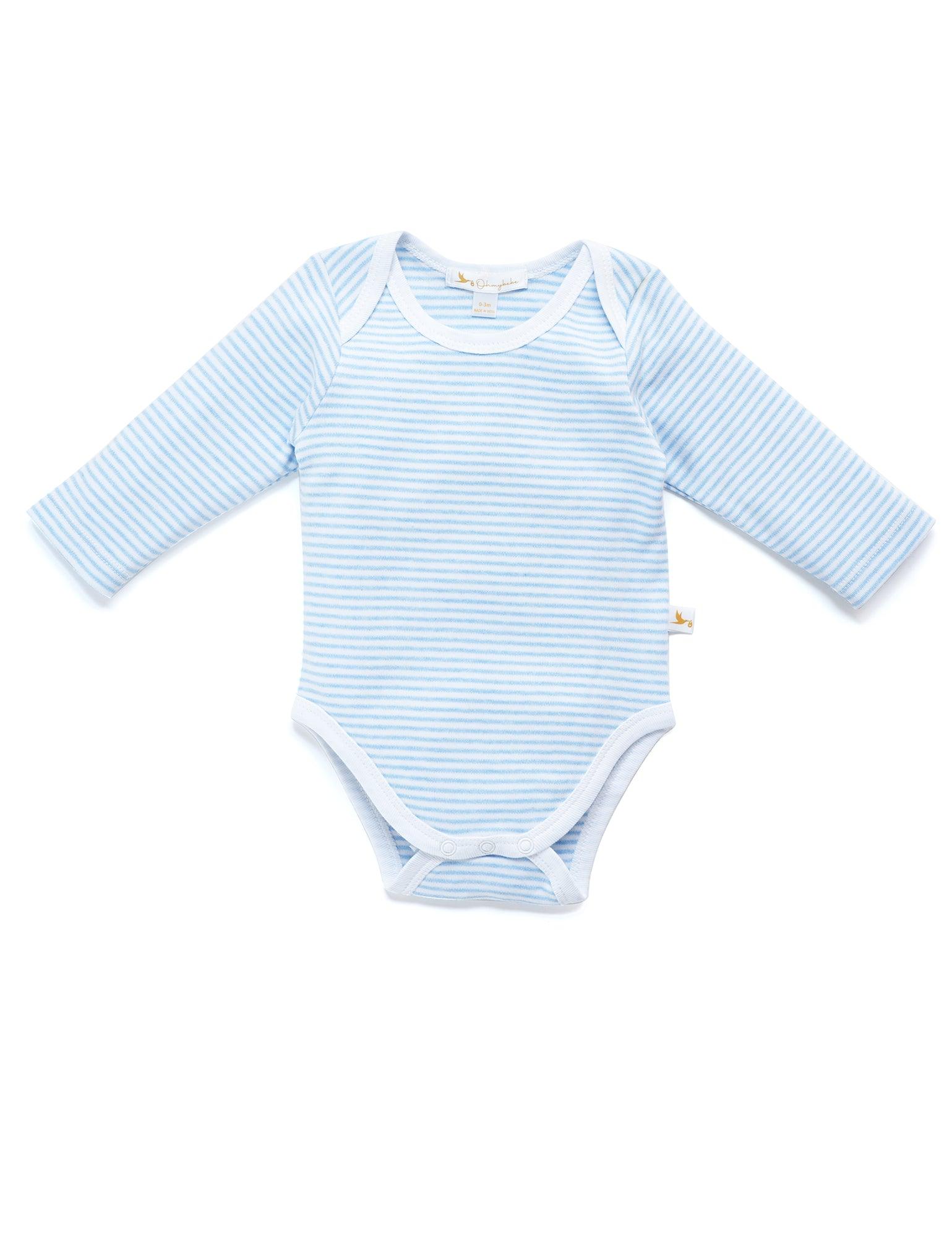 Organic cotton baby onesie with light blue and white stripes, long sleeves, and snap closure