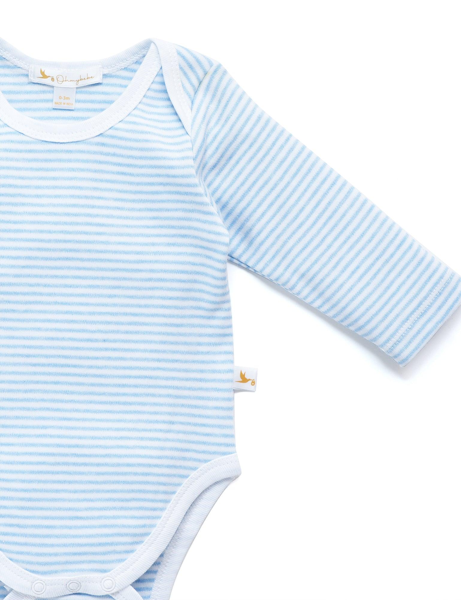 Organic cotton baby onesie with light blue and white stripes and long sleeves
