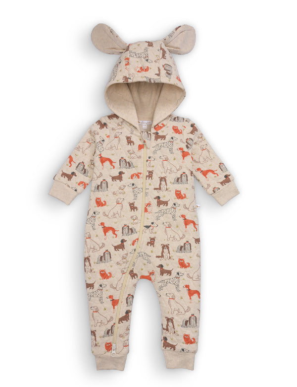 Beige baby romper with hood featuring animal ears and colorful dog print, long sleeves and zipper front