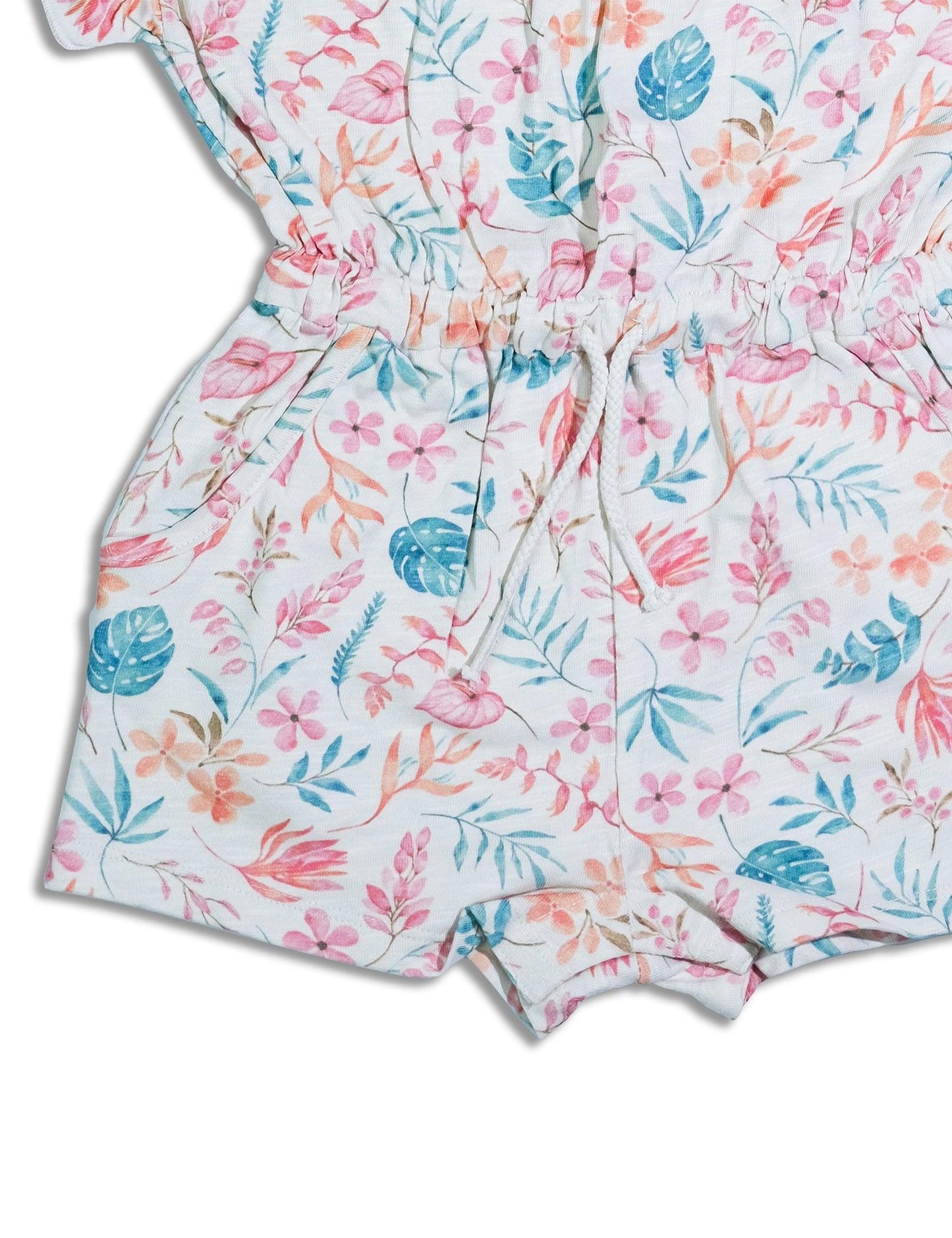Organic cotton baby romper with pink and blue floral print and adjustable waist tie