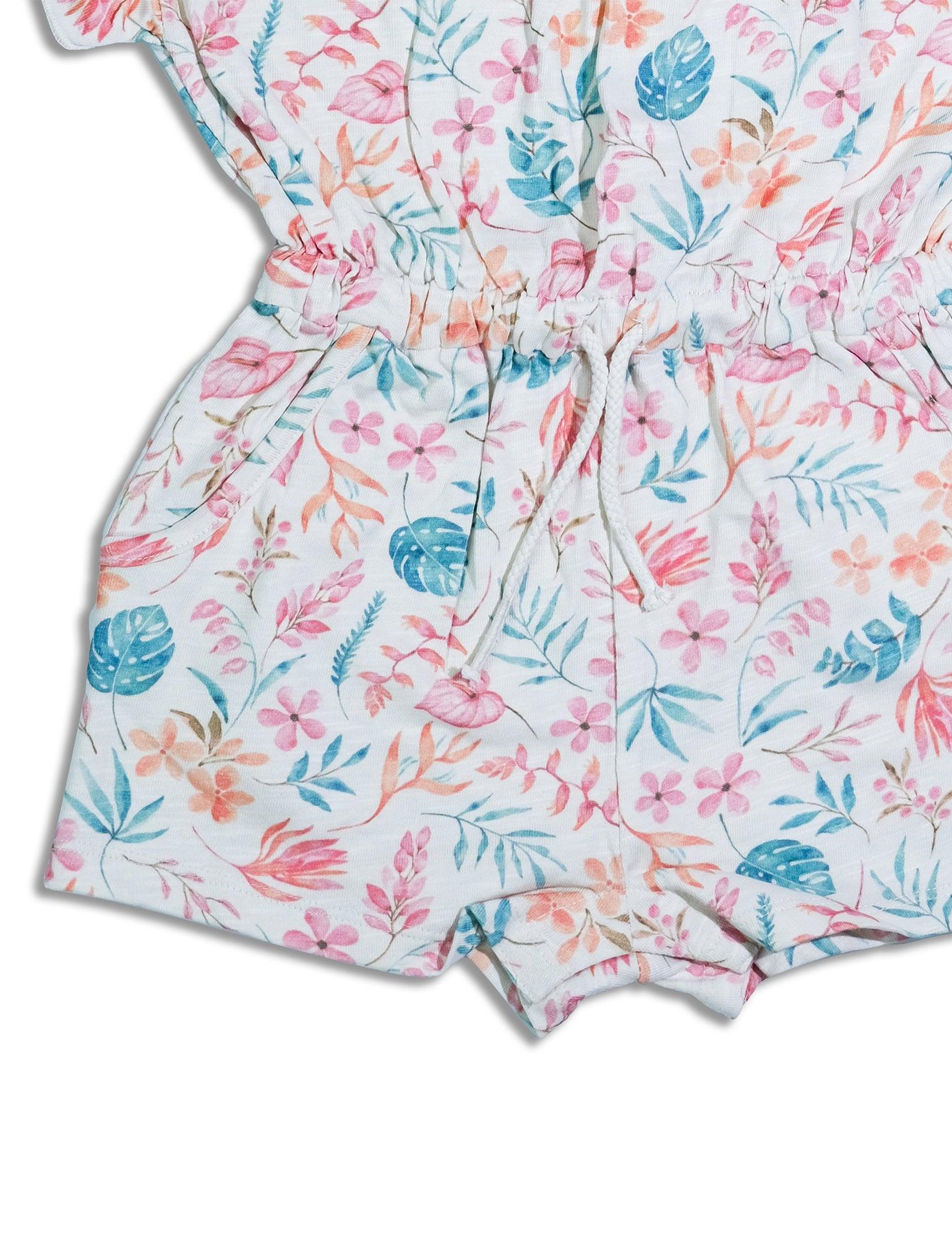 Organic cotton baby romper with pink and blue floral print and adjustable waist tie