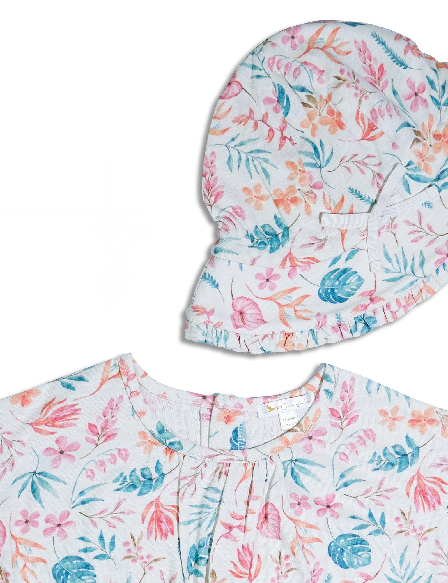 Organic cotton baby romper and sun hat set with colorful floral and leaf print