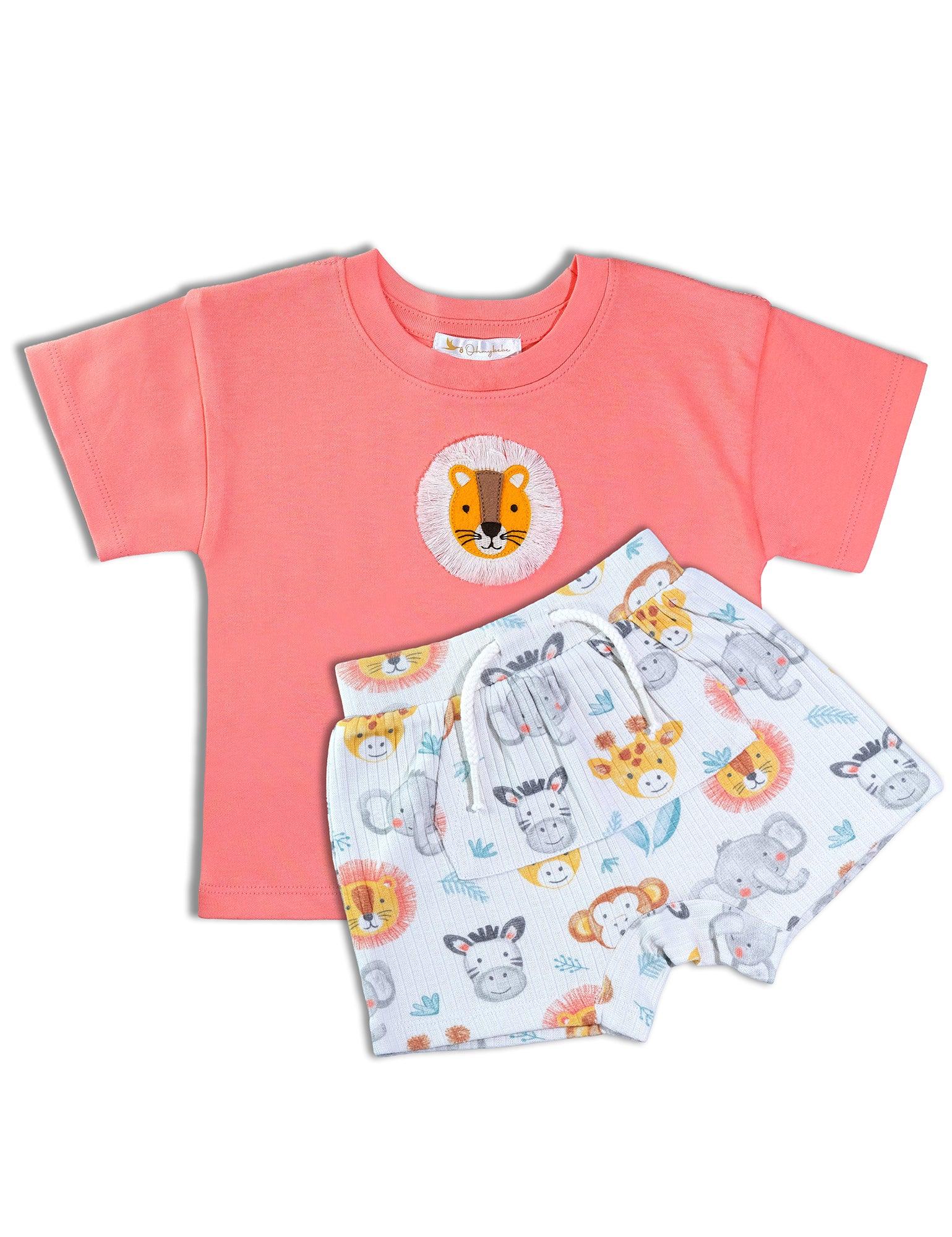 Organic cotton kids set with coral lion embroidered t-shirt and safari animal print shorts