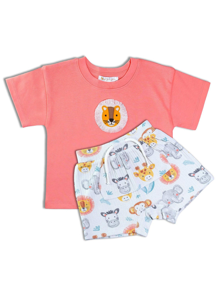 Orange organic cotton t-shirt with a lion patch paired with white safari animal print shorts. Shop stylish organic baby wear India.