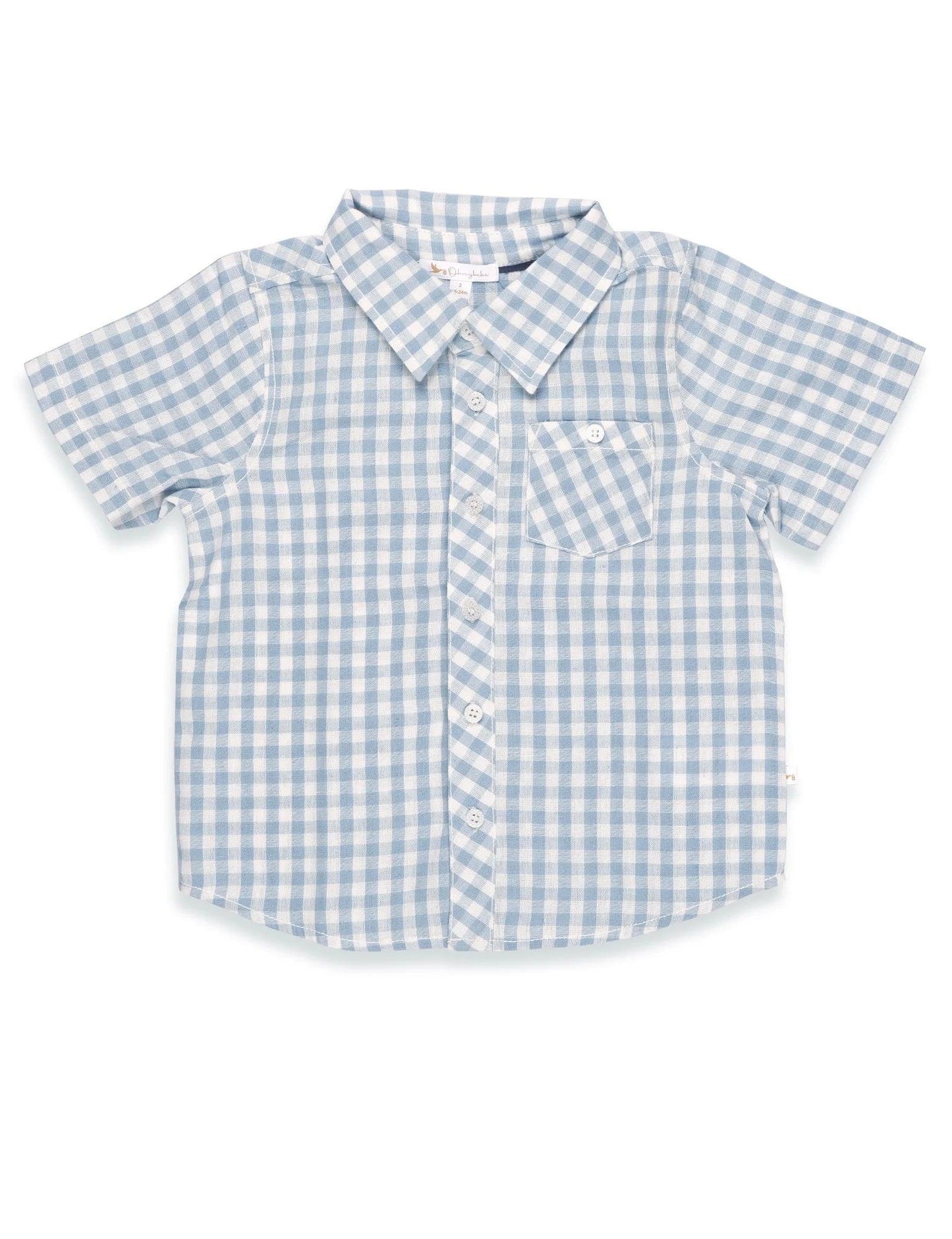 Baby shirt with blue and white gingham pattern made of organic cotton, short sleeves, button-up front, chest pocket