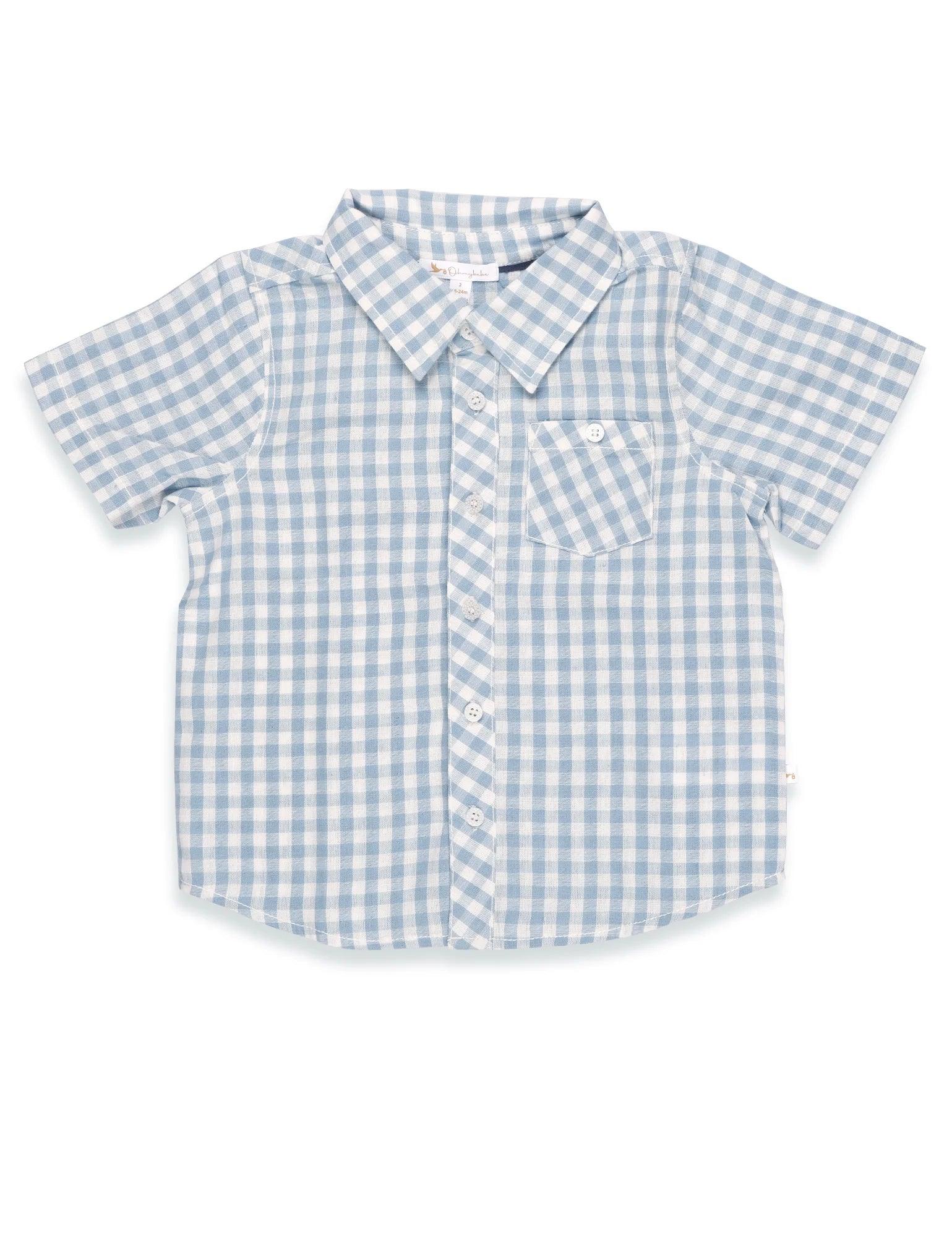 Baby shirt with blue and white gingham pattern made of organic cotton, short sleeves, button-up front, chest pocket