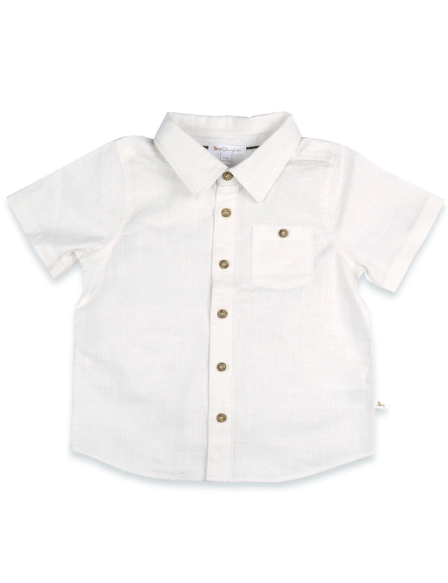 White organic cotton short sleeve toddler shirt with collar and wooden buttons