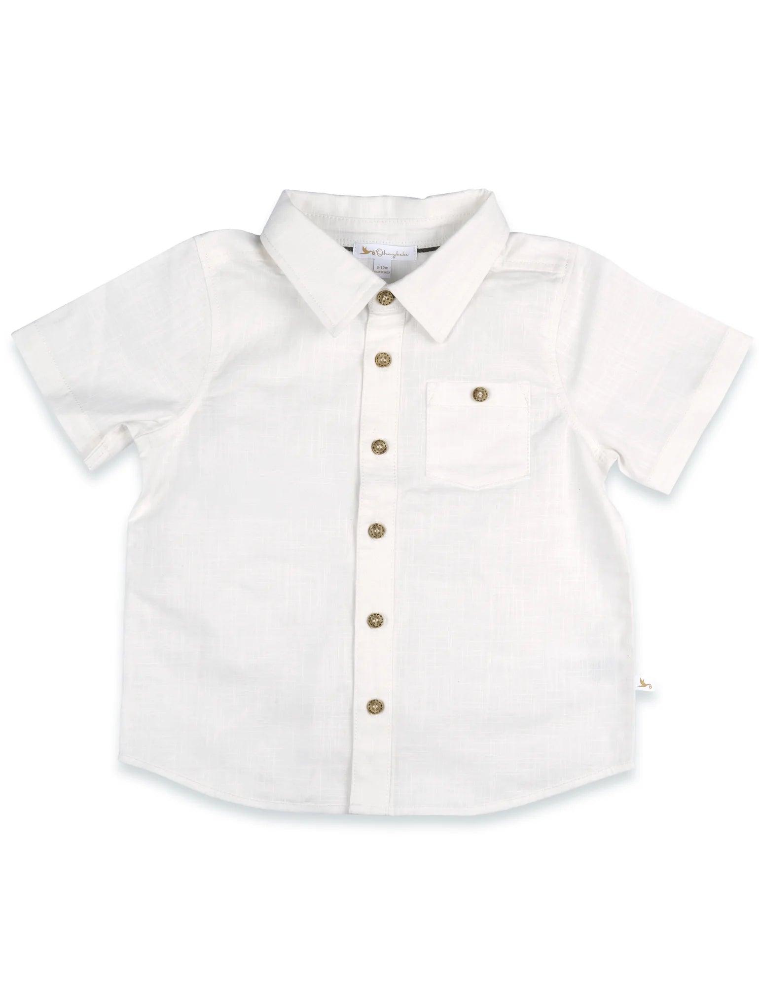 White organic cotton short sleeve toddler shirt with collar and wooden buttons