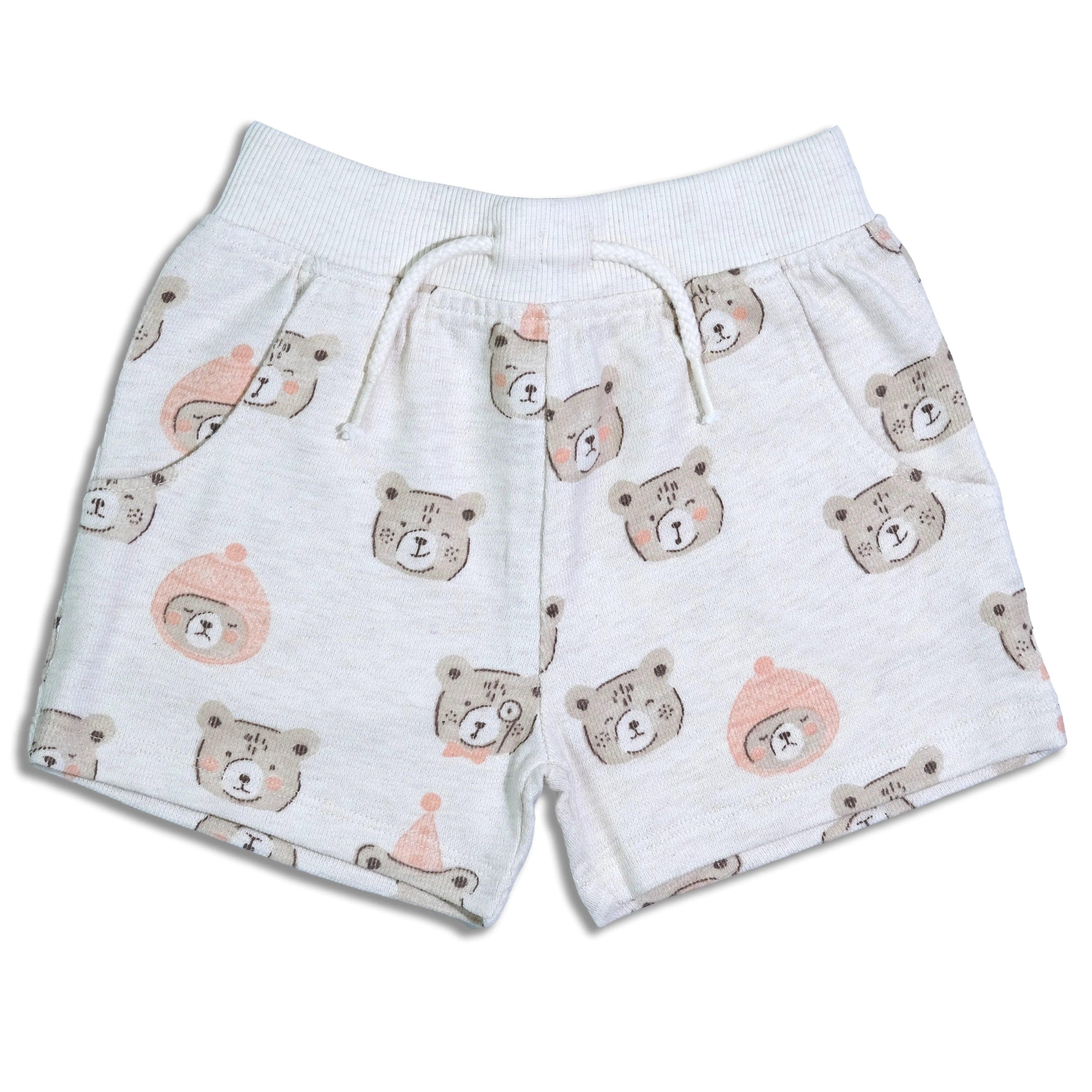 Organic cotton toddler shorts with pink and brown bear faces and knit waistband