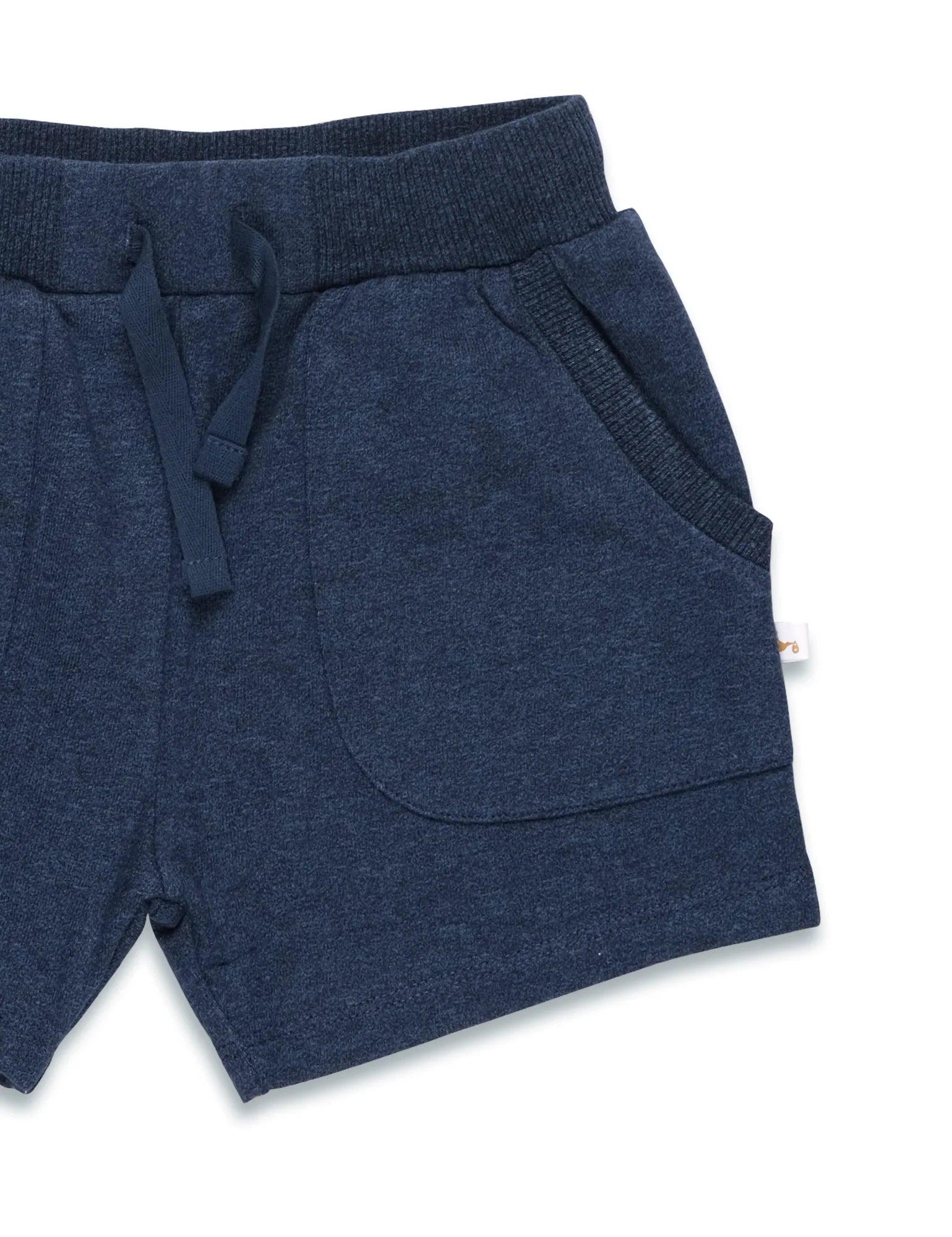 Navy blue organic cotton shorts with ribbed waistband and side pockets