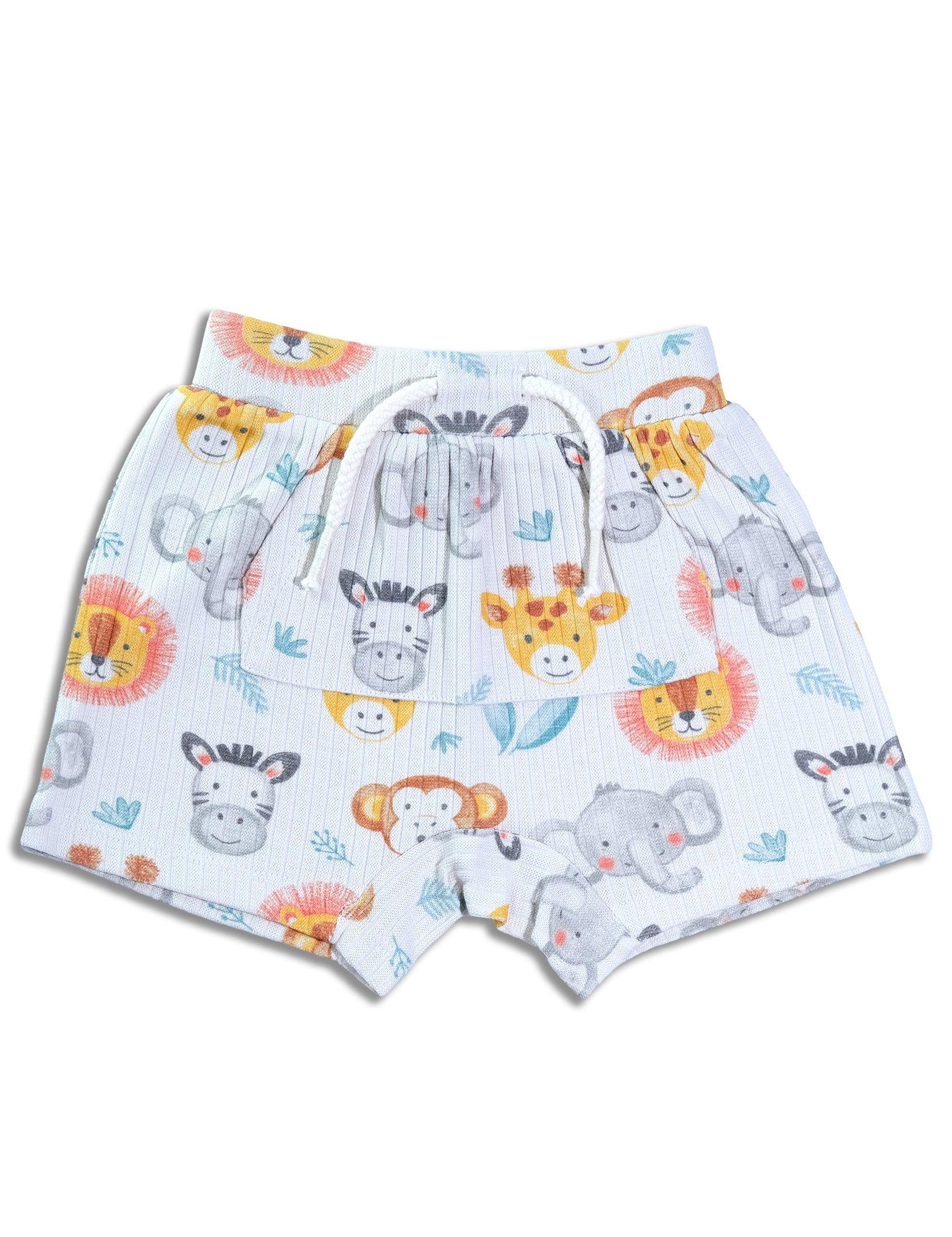 Organic cotton baby shorts with colorful safari animal prints including lions, giraffes, zebras, monkeys, and elephants