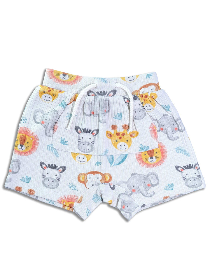 Soft white organic cotton baby shorts with a colorful and fun safari animal print featuring lions, elephants, giraffes, and monkeys. Buy comfortable baby shorts India.