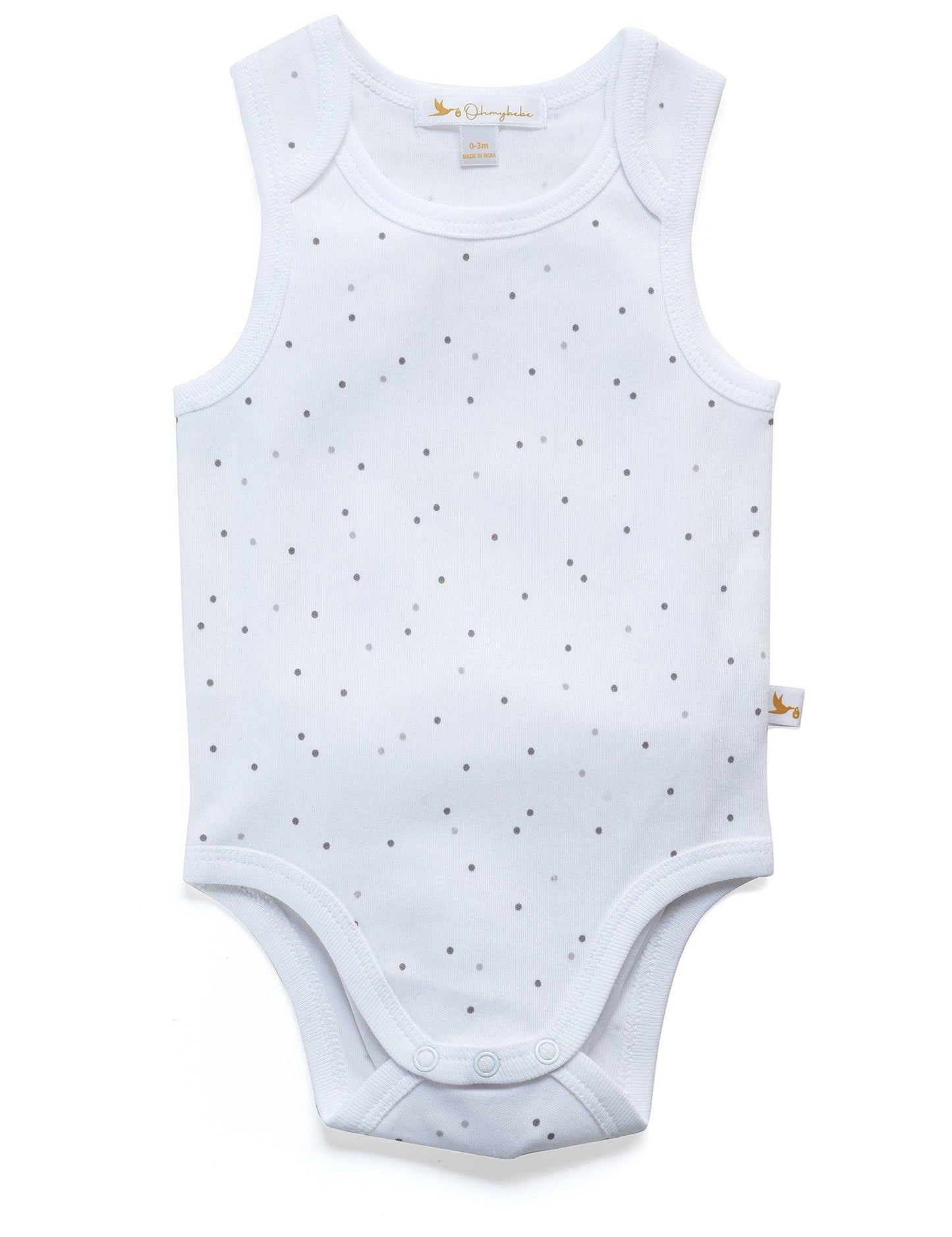White sleeveless organic cotton baby bodysuit with small grey polka dots and snap closures