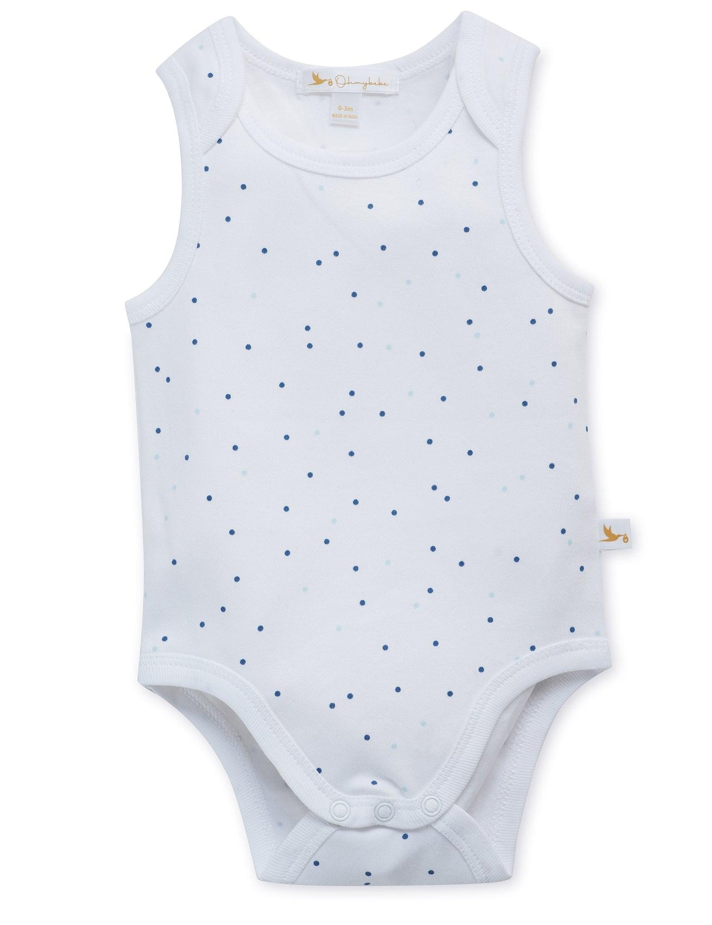 White organic cotton sleeveless baby bodysuit with tiny blue polka dots and snap closures
