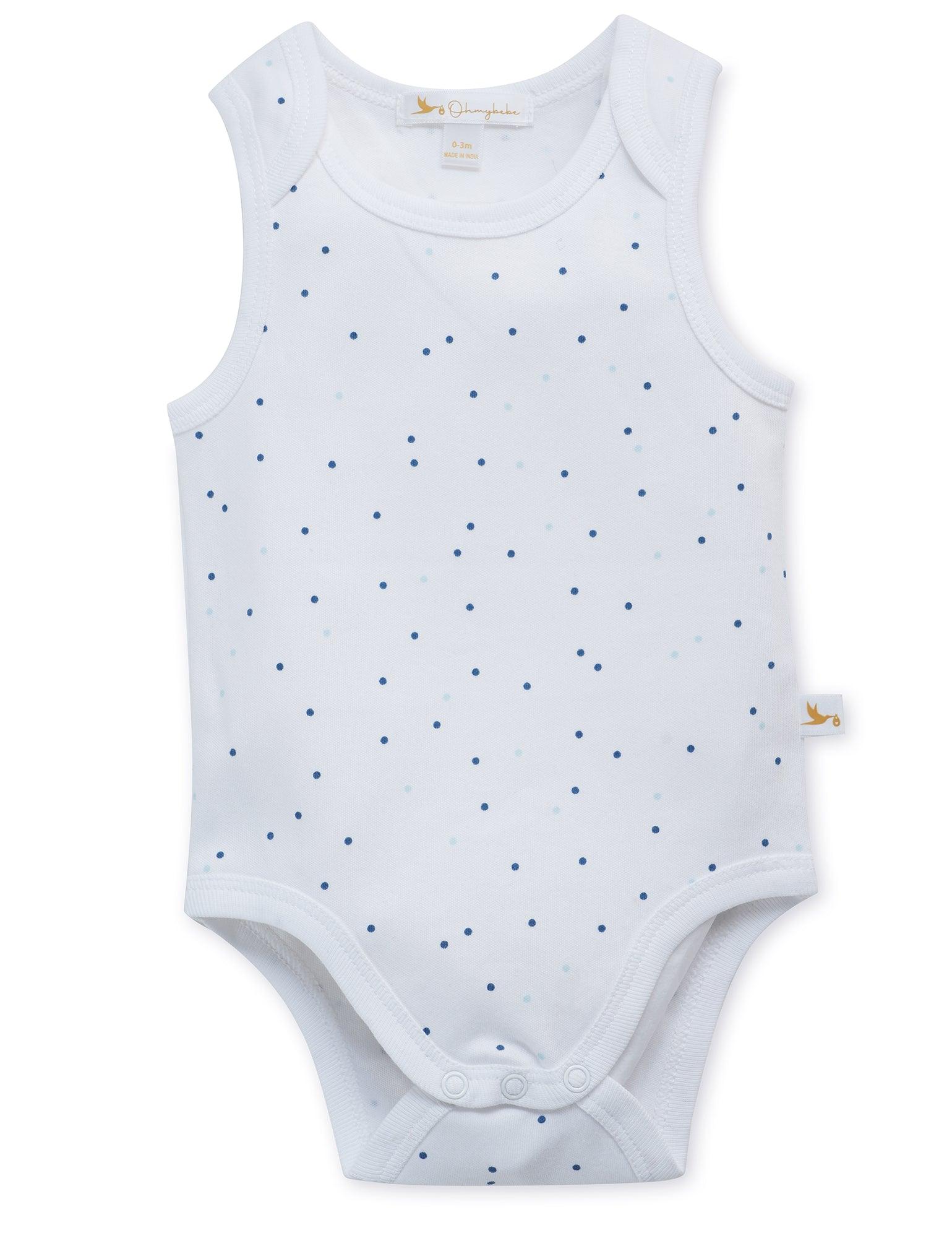 White organic cotton sleeveless baby bodysuit with tiny blue polka dots and snap closures