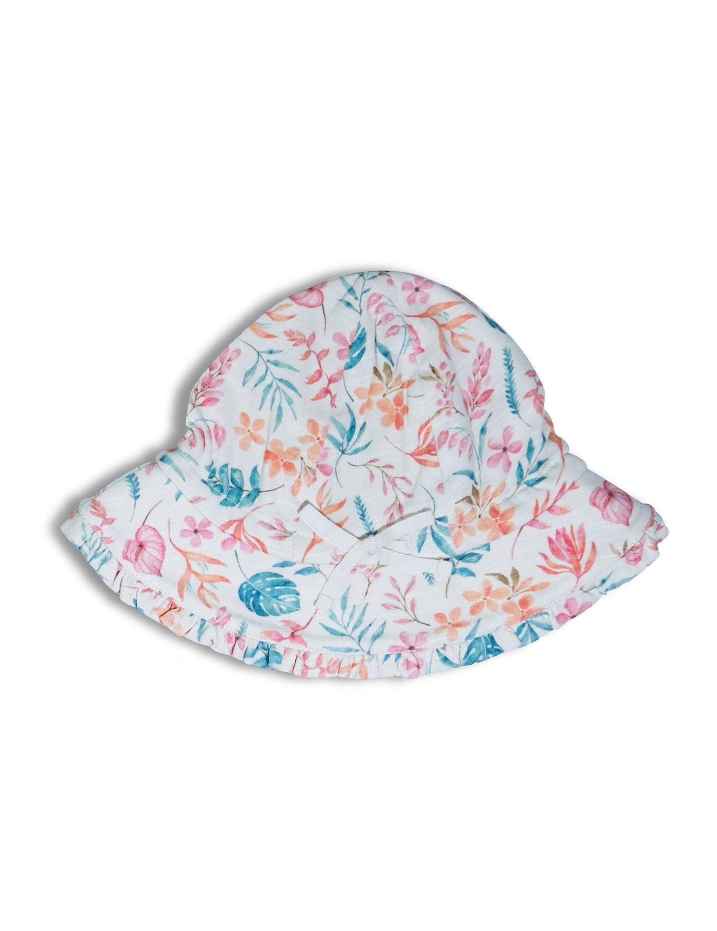 Organic cotton baby sun hat with pastel floral print and ruffled brim on white background