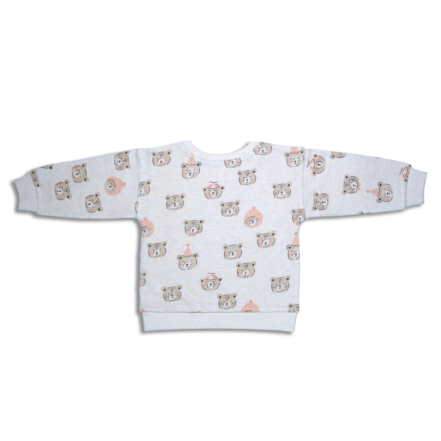 White kids sweatshirt with festive bear faces and winter hats pattern