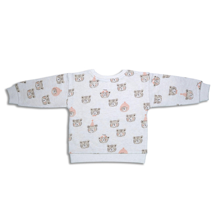 Light grey organic cotton long-sleeve sweatshirt featuring a playful print of bears wearing hats and festive accessories. Buy soft baby sweatshirts India.